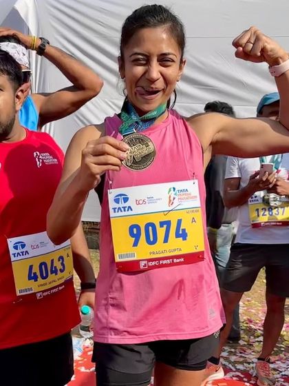 The feeling of accomplishment after crossing the finish line is unbeatable. Celebrating my debut full marathon performance at the Tata Mumbai Marathon.
