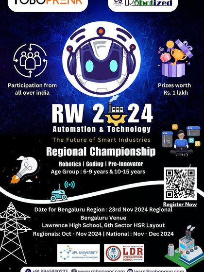 The official poster for the RW2024 Automation & Technology Regional Championship. With prizes worth Rs. 1 lakh, it's a major event for young innovators in robotics and coding.