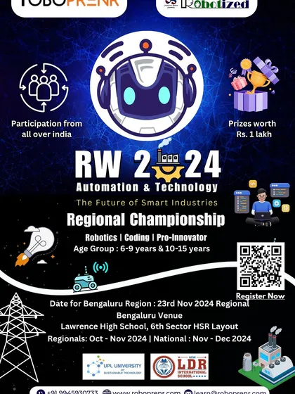 This is the official poster for our RW 2024 Regional Championship. It details the event for aspiring innovators aged 6-15, with categories in robotics, coding, and pro-innovator, and prizes worth Rs. 1 lakh.