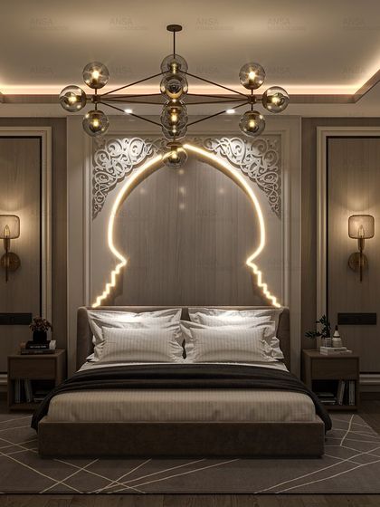 Here, I've blended modern elegance with timeless Islamic architecture. The headboard features a glowing arch silhouette, a contemporary take on a classic design element. The result is a serene and culturally rich bedroom sanctuary.