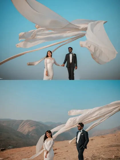 Using a long, flowing white fabric, we created this dramatic and dreamy effect against the blue sky and rolling hills. This is a great example of how we use simple props to create high-impact, cinematic images.
