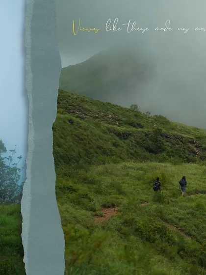 A collage-style image showing trekkers walking through the misty green landscapes of the Western Ghats.