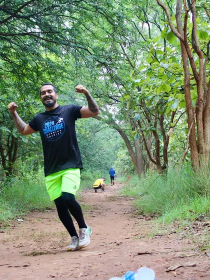 Runners navigating the beautiful and varied terrain of the Hennur Bamboo Forest. This trail offers a mix of dirt paths and shaded sections, providing a classic trail running experience right here in Bengaluru.