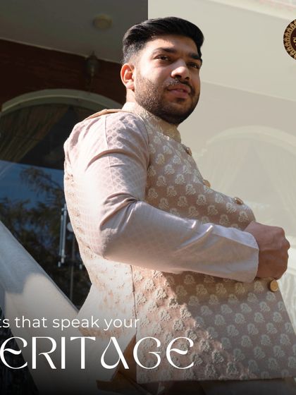Suits that speak your heritage. A real client looking proud and stylish in his custom-made beige Nehru jacket ensemble.