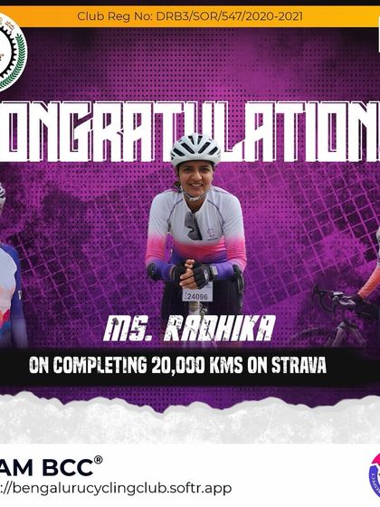 We celebrate Radhika for completing 20,000 kms on Strava. Your passion for cycling shines through in every kilometer.