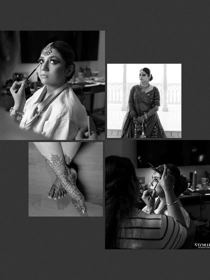 A black and white collage of the bride getting ready, including makeup application and close-ups of her henna.