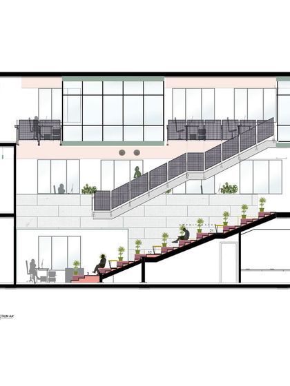 This architectural section drawing of the Primarc office illustrates the design intent behind the multi-level, interactive space. It shows how the terraced staircase connects the floors and creates opportunities for movement and collaboration.