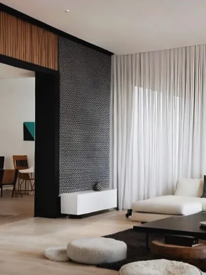 This living room showcases a minimalist aesthetic with a focus on texture. The vertical wood paneling adds warmth and visual interest, while the sheer white curtains diffuse natural light, creating a calm and inviting atmosphere.