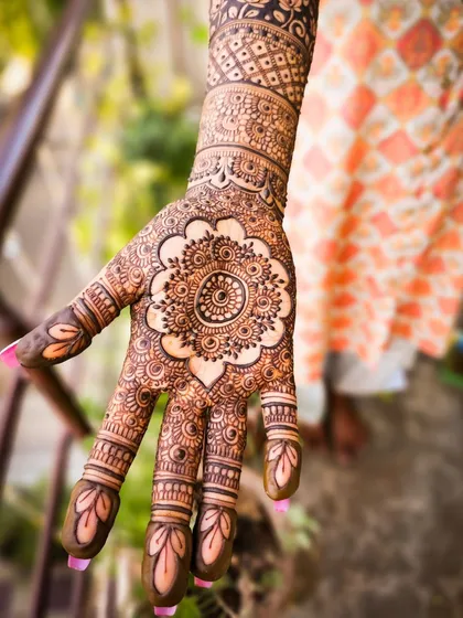 A close-up of the beautiful mandala on the palm, filled with intricate details.