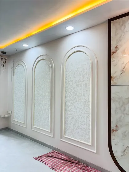 The wall panels with an alternate wallpaper option, demonstrating design flexibility.