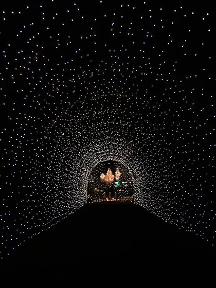 A magical, star-like tunnel of fairy lights created for an engagement party entrance. This immersive installation was designed to make guests feel like they were walking through a galaxy.