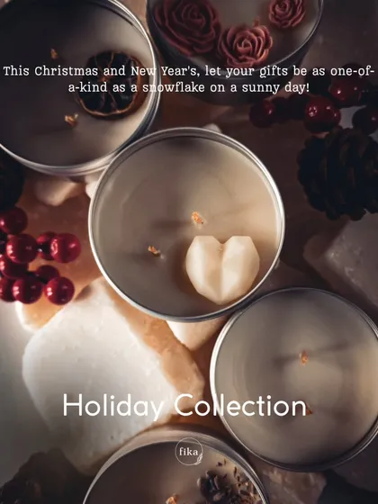 For this year's Holiday Collection, I wanted to create gifts as unique as a snowflake. This overhead shot shows my hand-poured soy candles, some topped with wax hearts, flowers, and dried orange slices for a festive touch.