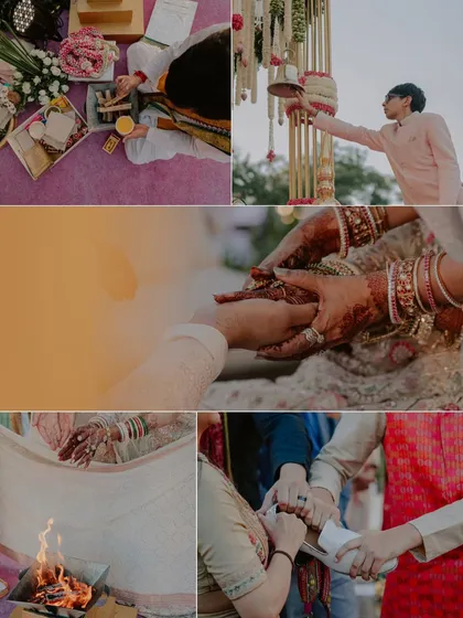 A collection of ritual-focused details from a Hindu ceremony, including the sacred fire and the holding of hands, which are central to the wedding vows.