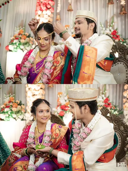 A collage of the Mangalsutra ritual, a sacred and defining moment in a Marathi wedding, symbolizing the couple's union.