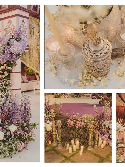 A collage of decor details from the wedding, highlighting the floral arrangements on pillars, intricate candle holders, and sweet table setup.