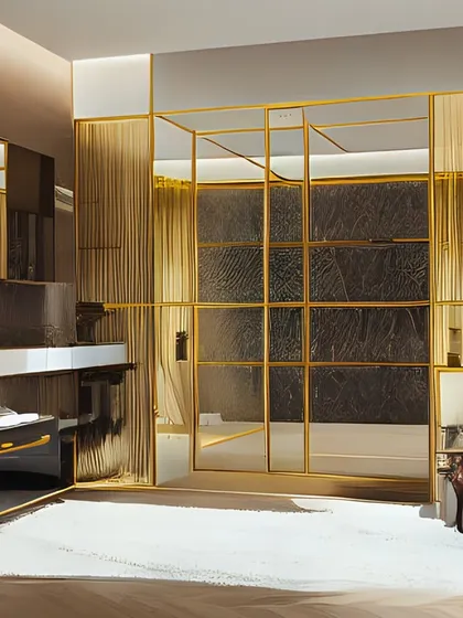 An ultra-luxurious bathroom concept with bold gold and black accents. The design features a freestanding tub, extensive use of mirrors, and a glass partition with gold framing to create a space that is dramatic and opulent.