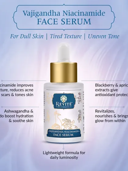 To combat a tired texture and uneven tone, my Vajigandha Niacinamide Face Serum is the perfect solution. It improves texture with Niacinamide, boosts hydration with Ashwagandha, and provides antioxidant protection.