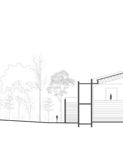 A partial elevation drawing for a proposed institute in Goa. This drawing explores the facade composition and its relationship with the surrounding landscape.