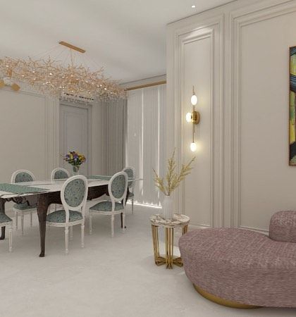 A 3D design for a dining room that exudes elegance. It features a stunning chandelier, classic dining chairs, and a beautiful piece of art.