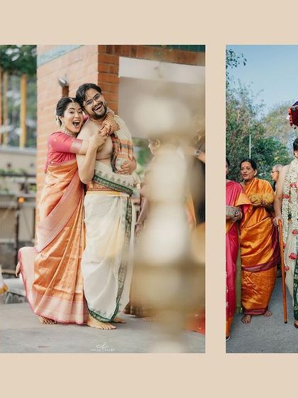 The groom's procession and a warm embrace. These images from Aarati and Ranjan's wedding show the blend of cultures, with traditional attire and joyful, candid moments.