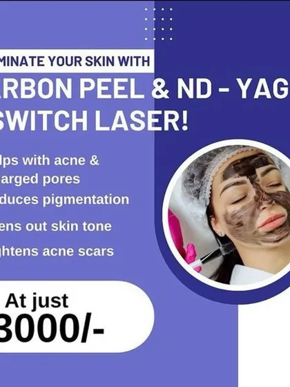 Illuminate your skin with our Carbon Peel and ND-YAG Q Switch Laser treatment. For just ₹3000, this treatment helps with acne, enlarged pores, pigmentation, and acne scars.
