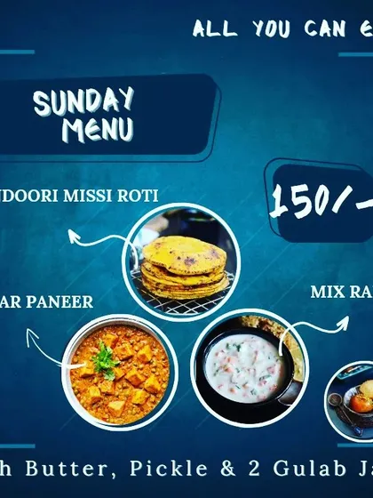 My Sunday Special Thali is something my customers look forward to all week. This all-you-can-eat meal features tandoori missi roti, matar paneer, mix raita, and gulab jamun, offering a delicious restaurant-style experience with a homely touch.