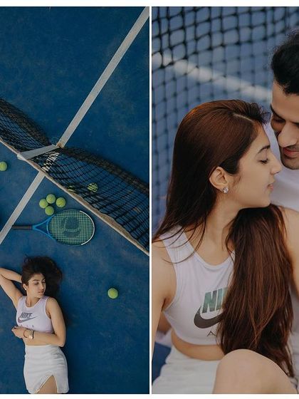 An artistic overhead shot and a gentle close-up from a tennis court pre-wedding shoot. We use a variety of angles to create a visually rich story.