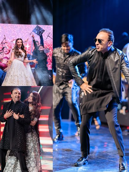 A collage of moments from a grand sangeet, including a standout performance by the bride's father. It showcases the fun and warmth of the families involved.