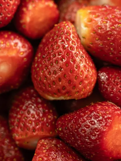 A close-up of the beautiful, fresh strawberries we get from our vendor in Mahabaleshwar. They are the star of our winter menu.