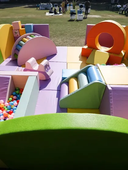 Here is a bird's eye view of one of my classic soft play areas, all set up and ready for adventure. It's a safe, contained space packed with climbers, slides, and a ball pit, ensuring hours of entertainment for toddlers and young children.