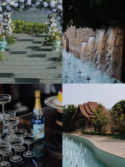 A collage of atmospheric details from a wedding venue, including a floral archway, a champagne tower, and serene water features.