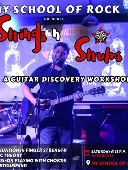A detailed poster for the "Strings 'n' Strums" guitar discovery workshop. It breaks down exactly what you'll learn, from the Spider Walk exercise to jamming on easy songs.