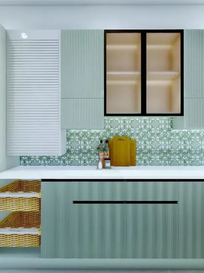 Here you can see the thoughtful details, like the open wicker basket storage for vegetables and the pull-down shutter for appliances, keeping the countertops clutter-free.