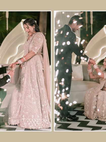 A diptych of the proposal moment, surrounded by sparklers. The images capture the groom on one knee and the bride's joyful reaction, creating a dynamic and emotional scene.