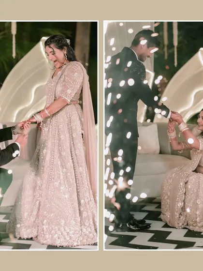 A diptych capturing the romantic proposal moment, with Amit on one knee, surrounded by fireworks.