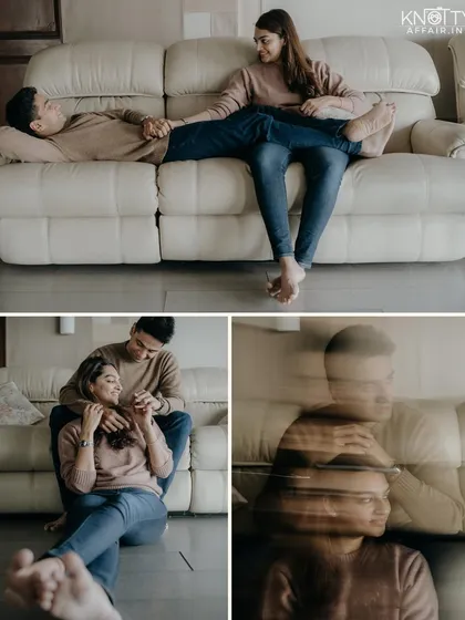 A collage showing different moods, from a relaxed pose on the couch to a creative motion blur portrait. This demonstrates the artistic variety possible even within an indoor setting.