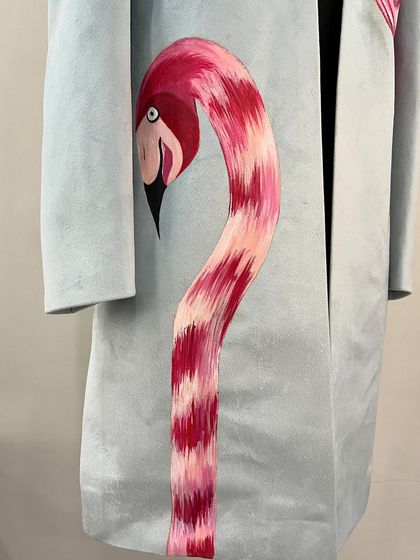 A detailed shot of the flamingo's neck on the custom sherwani. I used blended shades of pink and white to create a feathered texture.