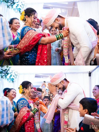 A collage showing the groom's welcome ceremony, where he is greeted with blessings by the bride's family. A heartwarming Marathi wedding tradition.