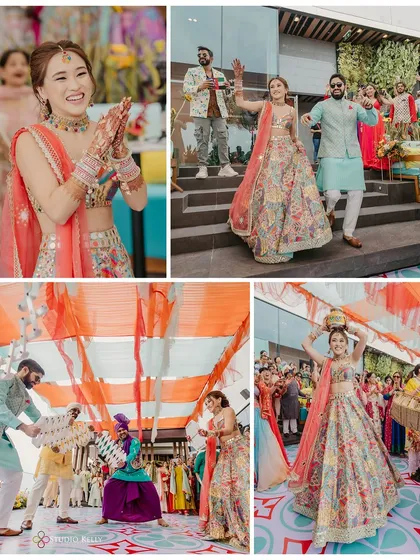 A collage of vibrant moments from a Mehendi ceremony in Bangkok, showing the bride's entrance and traditional dance performances.