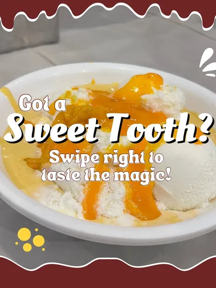 A tempting bowl of vanilla ice cream topped with fresh mango pulp, a classic summer dessert.