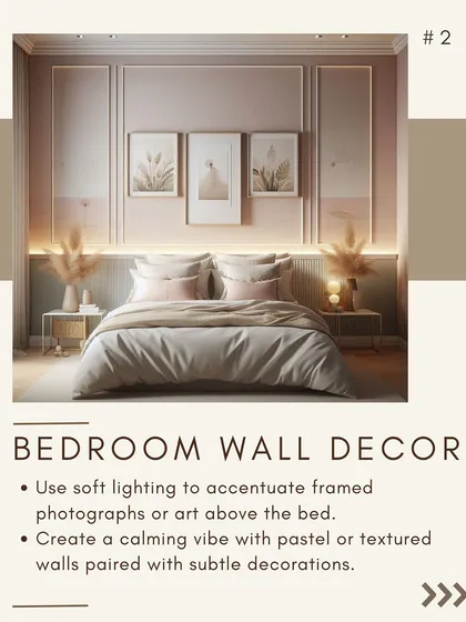 This bedroom wall decor is soft and calming. Framed art is accentuated by soft backlighting, while the pastel textured wall creates a tranquil vibe perfect for a restful space.