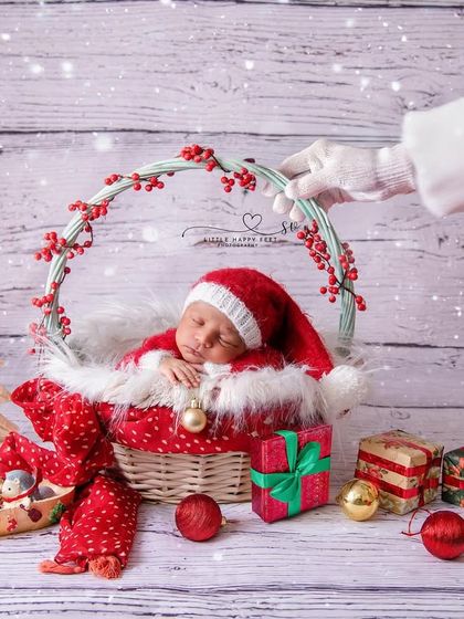 Santa's special delivery! This Christmas basket, complete with gifts and ornaments, is a magical way to celebrate your baby's first Christmas.