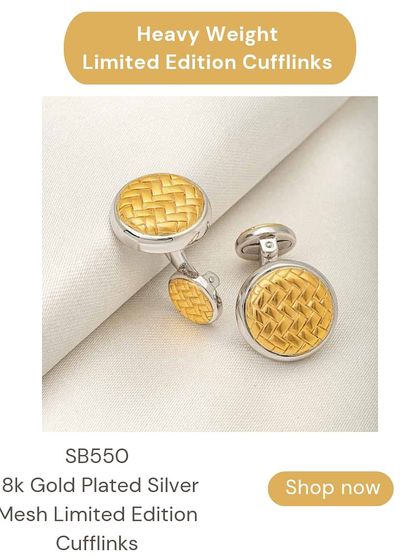 For a classic and sophisticated look, I offer these 18k gold-plated silver cufflinks with a mesh design. They are heavyweight and have a timeless appeal.