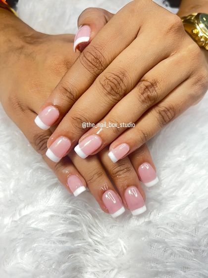 Another angle of the soft gel French manicure. The glossy top coat gives it a beautiful shine, and the craftsmanship ensures it will last for weeks.