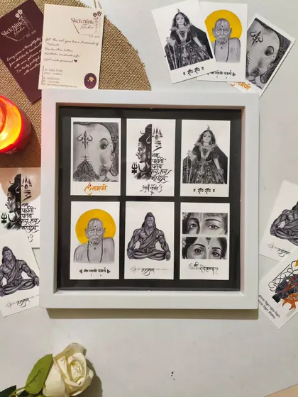 My postcards aren't just for sending; they can be framed to create a beautiful gallery wall for your sacred corner. This is an example of how you can combine different deity prints into a single, meaningful decor piece.