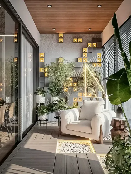 I transformed this balcony into a tranquil urban oasis. The design uses a combination of wood decking, a feature wall with integrated lighting, and lush greenery to create a cozy and inviting outdoor space for relaxing day or night.