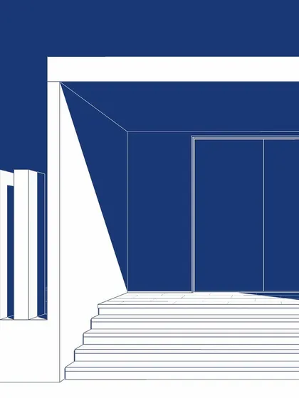 An exterior illustration of the Blue Sea project entrance, rendered in a blueprint style to highlight the architectural form.