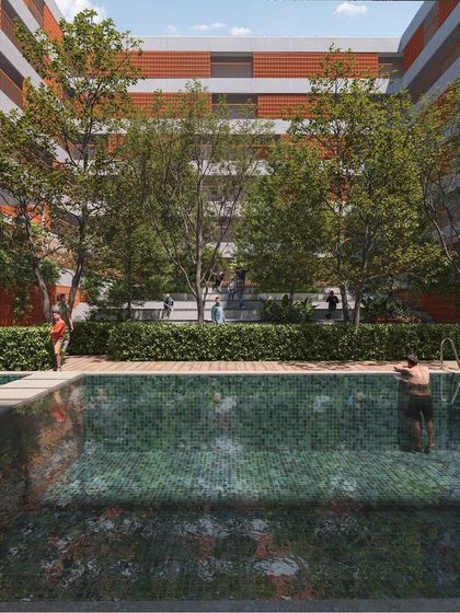 This view showcases the relationship between the architecture and the landscape. The swimming pool is surrounded by dense greenery and seating areas, creating a resort-like feel within the residential community.