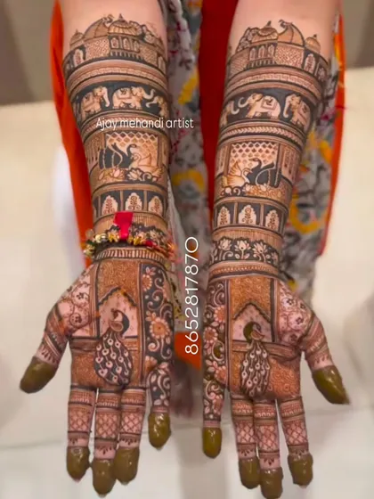 This Rajasthani bridal mehndi is filled with traditional motifs, including peacocks, elephants, and palace windows, creating a royal look.
