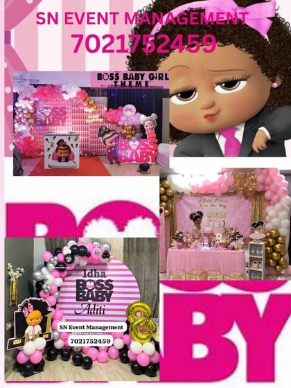 I also offer a 'Boss Baby Girl' theme for a fun and sassy party. These decorations use a pink, black, and white color scheme with themed backdrops and props to celebrate your little boss.